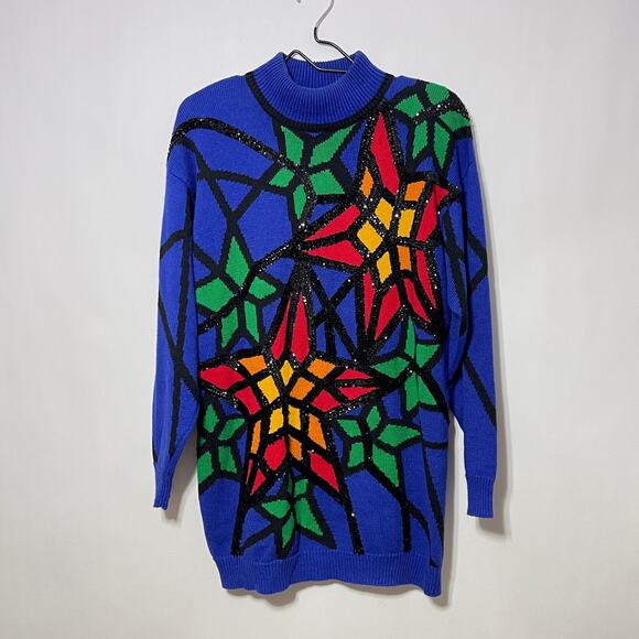 Knit Sweater Women's Medium Blue Church Stained Glass 80s Vintage Art To Wear - Picture 2 of 15